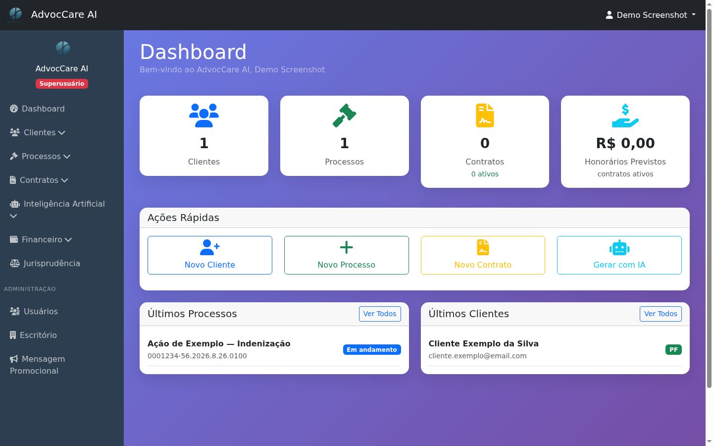 Dashboard real do AdvocCare AI em uso